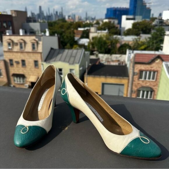 Vintage Perry Ellis Green and White Leather Heels Size 7 western cowgirl retro - Picture 1 of 8